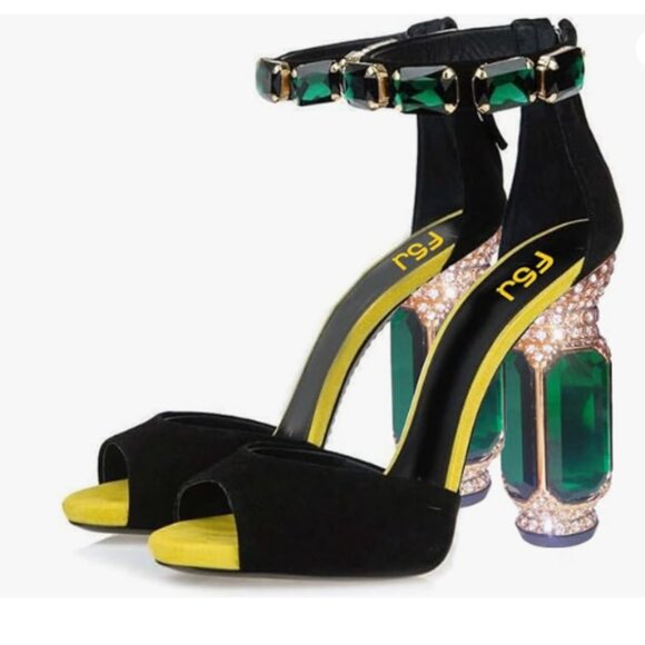 FSJ Black Open Toe Stylish Sandal Ankle Strap Crystal Heels Wedding Party Shoes - Picture 1 of 8